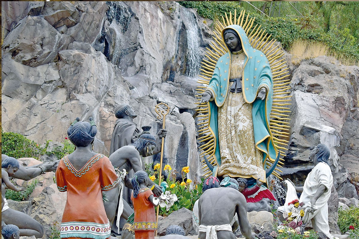 Representación de las apariciones de la Virgen de Guadalupe en el Tepeyac.