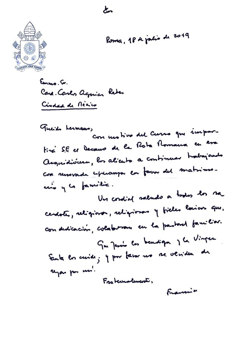 Carta íntegra de S.S Francisco al Cardenal Carlos Aguiar Retes.