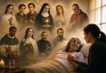 Una mujer acompaña y sostiene la mano de una persona enferma mientras, simbólicamente, varios santos reconocidos por su servicio a los enfermos aparecen como signo de intercesión y esperanza cristiana.