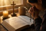 Un joven ora en silencio con la Biblia abierta mientras medita un salmo, siguiendo el ejemplo de Jesús y la tradición de la Iglesia.