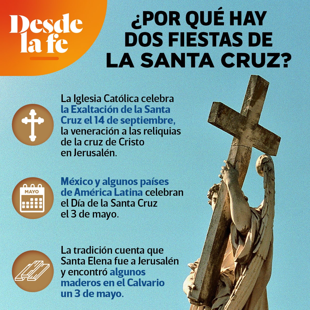La Fiesta de la Exaltación de la Cruz y el Día de la Santa Cruz son dos fechas de la Iglesia Católica que hacen honor a la cruz.