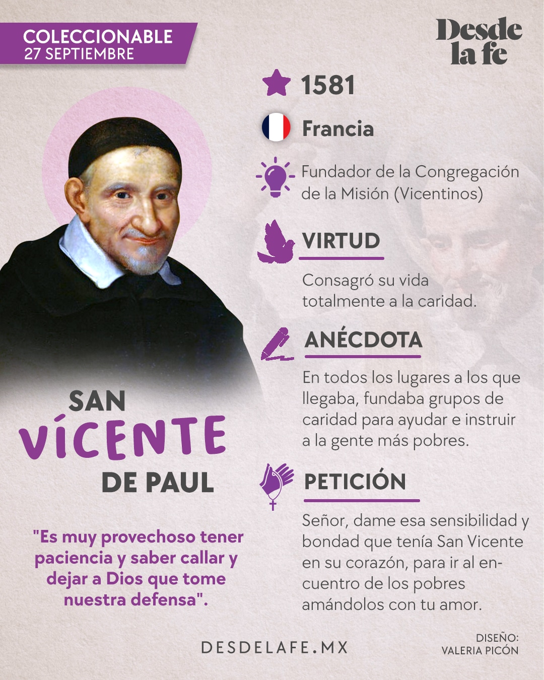 San Vicente de Paul, patrono de las obras de caridad, es recordado el 27 de septiembre como modelo de amor y servicio cristiano.