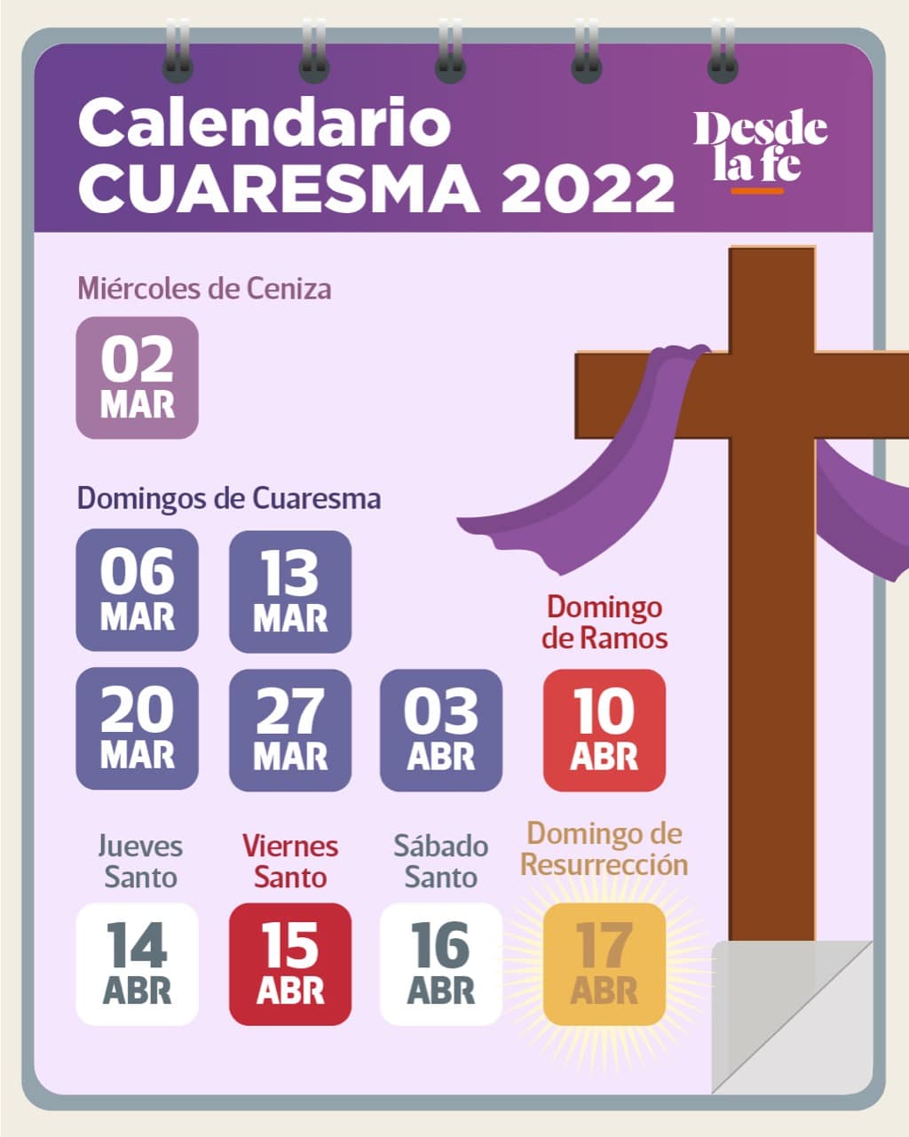 Calendario de Cuaresma y Semana Santa 2022