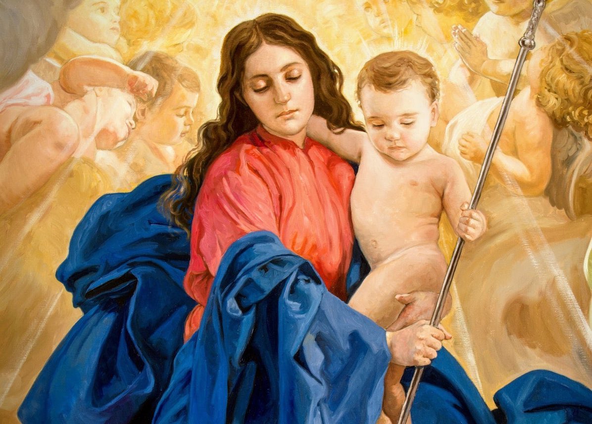 Pintura de la Virgen María con Jesús en brazos, por Raúl Berzosa.