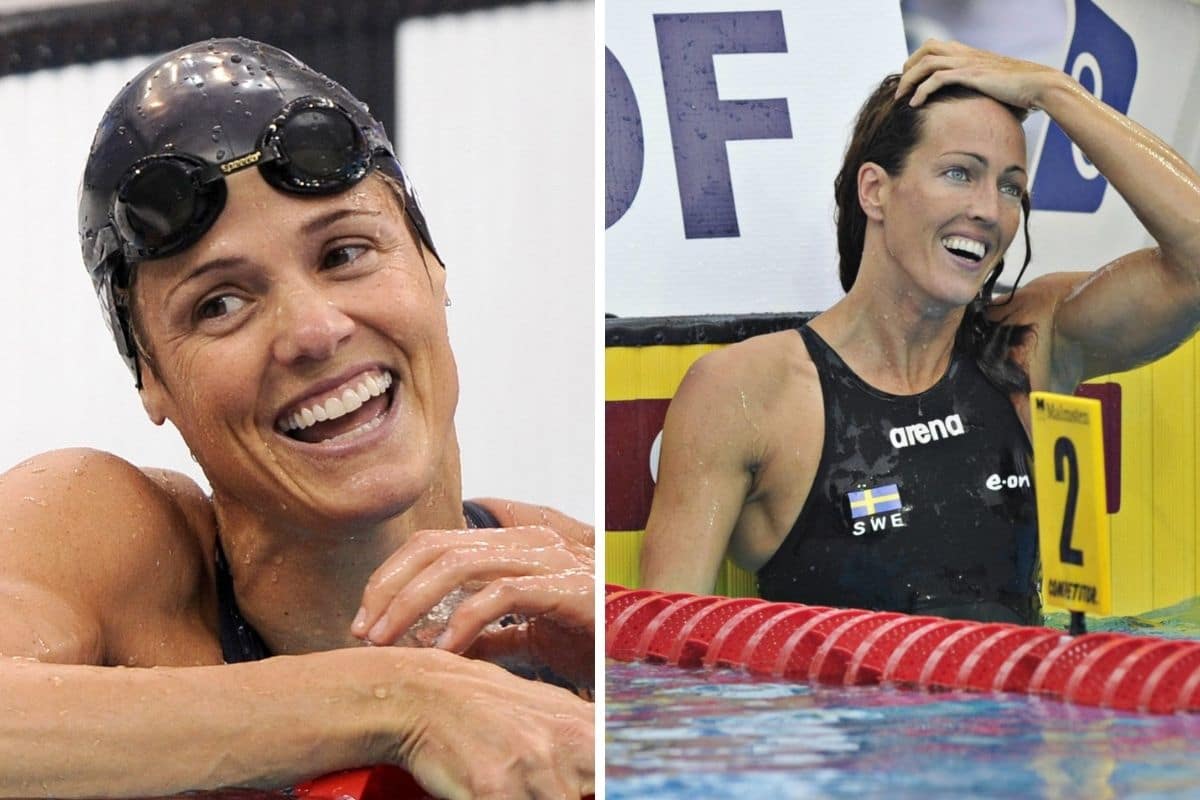 Las nadadoras olímpicas Dara Torres (izq.) y Therese Alshammar de Suecia.