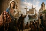 Un fiel sostiene un rosario mientras al fondo se representa la llegada de los frailes dominicos a la Nueva España y la difusión de la devoción a la Virgen del Rosario.