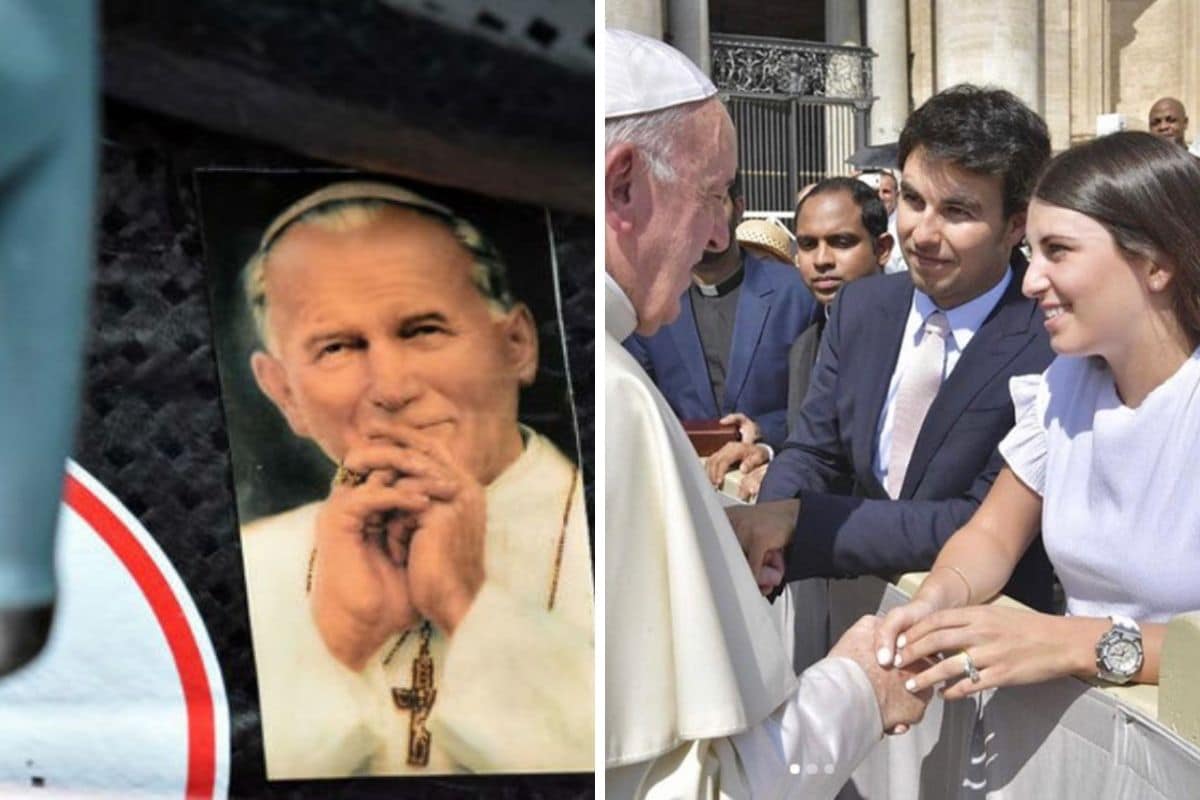 A la izq. la imagen de san Juan Pablo II en el monoplaza de Checo Pérez; a la derecha, la reunión del piloto con el Papa Francisco.