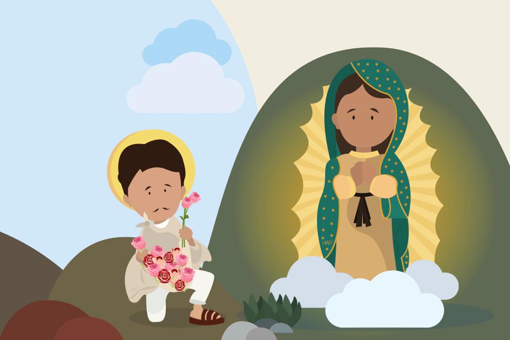 Virgen de Guadalupe y San Juan Diego en el Nican Mopohua para niños