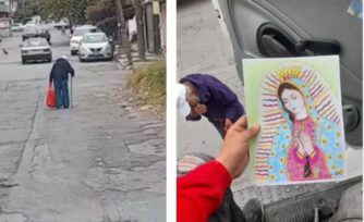 Abuelito vende dibujos de la Virgen para llevar leche a sus nietos