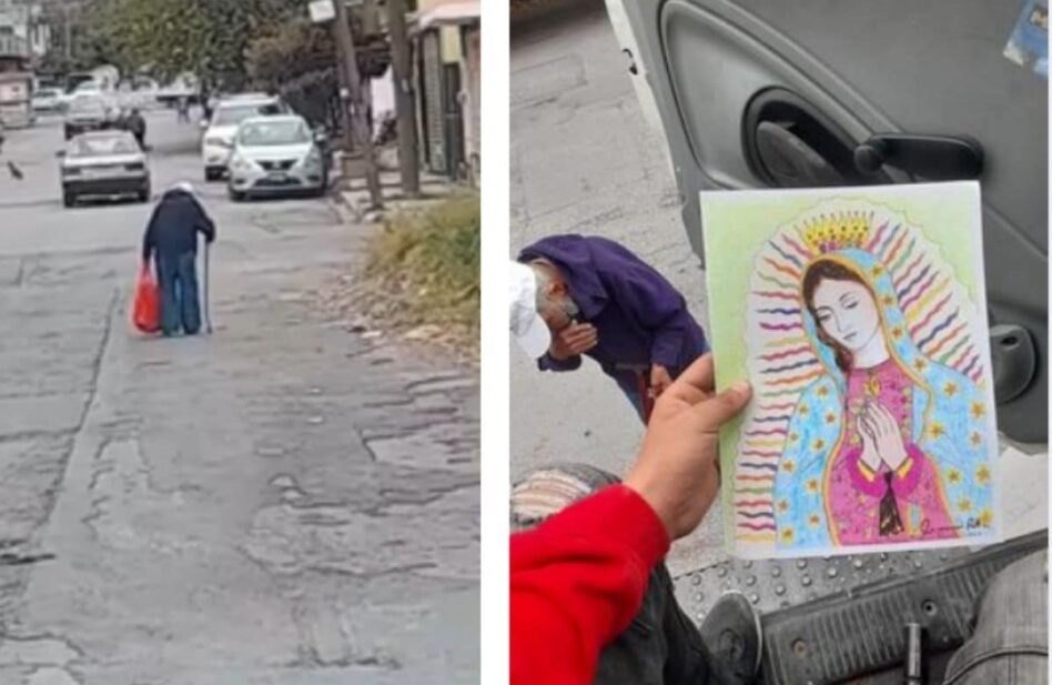 Abuelito vende dibujos de la Virgen para llevar leche a sus nietos