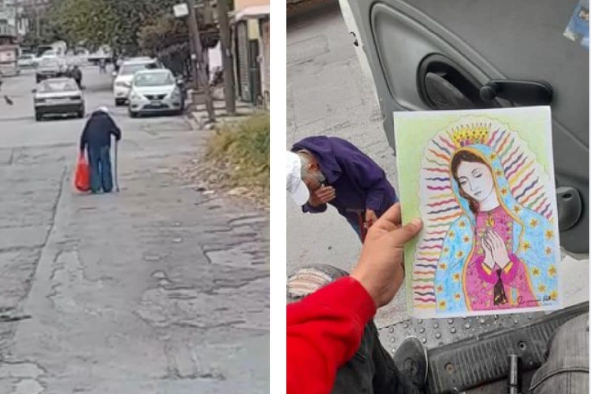 Don Armando, el abuelito que vende dibujos de la Virgen de Guadalupe para llevar leche a sus nietos. Créditos: Héctor Villanueva.