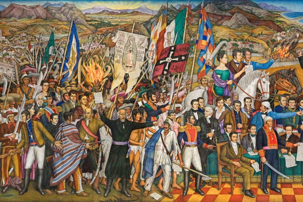 El estandarte de la Virgen de Guadalupe aparece en el mural de Juan O'Gorman sobre la Independencia de México. Foto: INAH.
