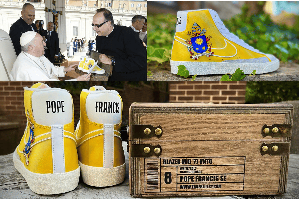 Un sacerdote regaló al Papa Francisco unos Nike personalizados con su nombre y escudo de armas