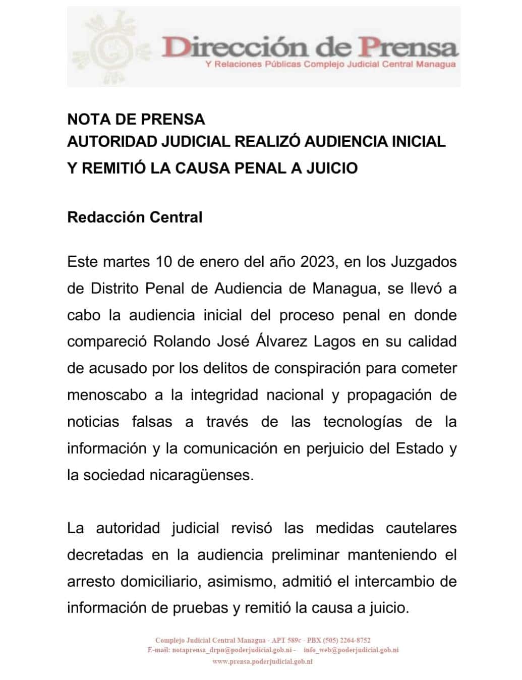 Fallo en contra de Monseñor Rolando Álvarez, obispo de Matagalpa / Fuente: Poder Judicial de Managua