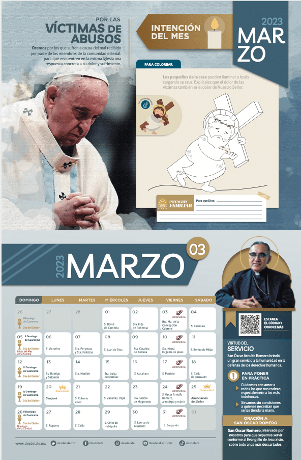 Calendario de Marzo 2023 con las peticiones del Papa y con el santoral / Desde la fe