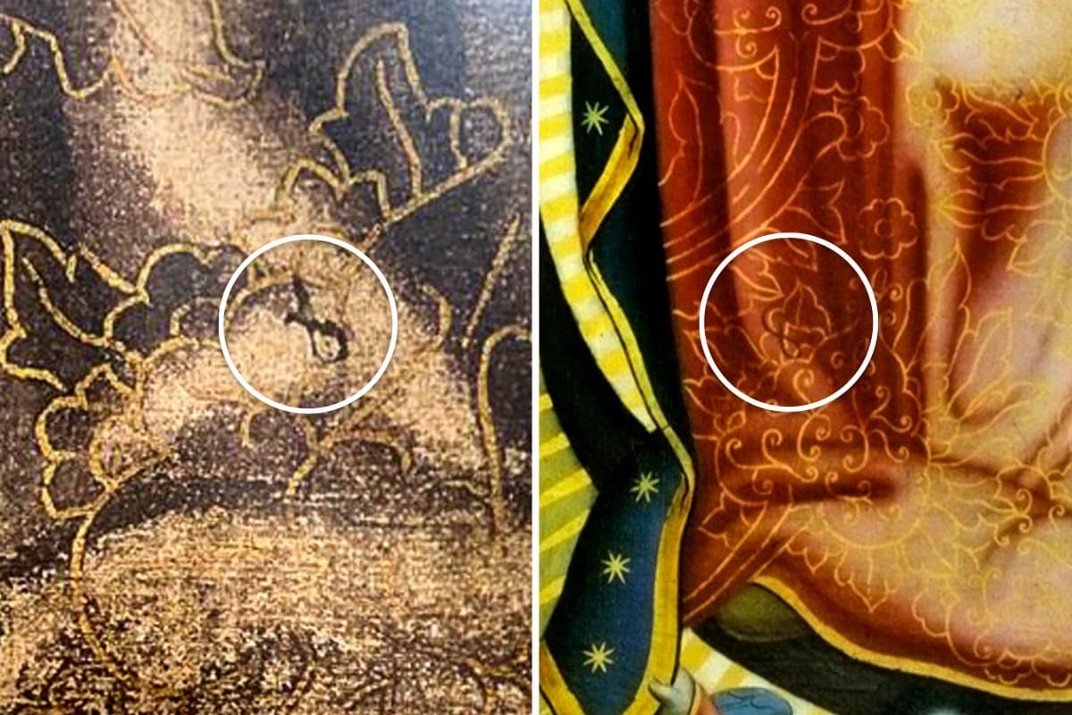 Del lado izquierdo se puede observar la mancha en la imagen original y del lado derecho la figura que pintó Miguel Cabrera sobre su reproducción / Imagen: Desde la fe