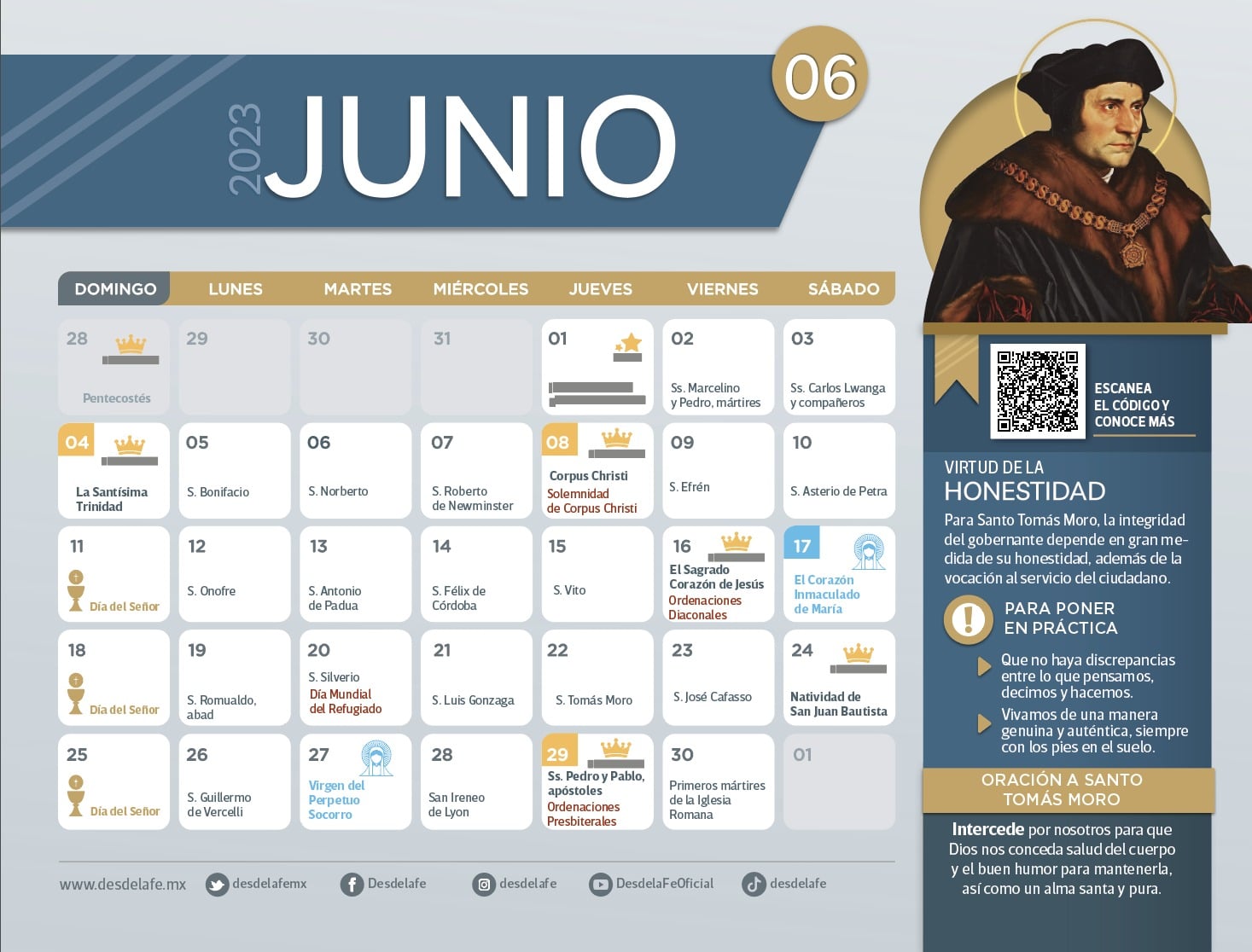 Calendario de Junio 2023 con festivos para descargar e imprimir gratis