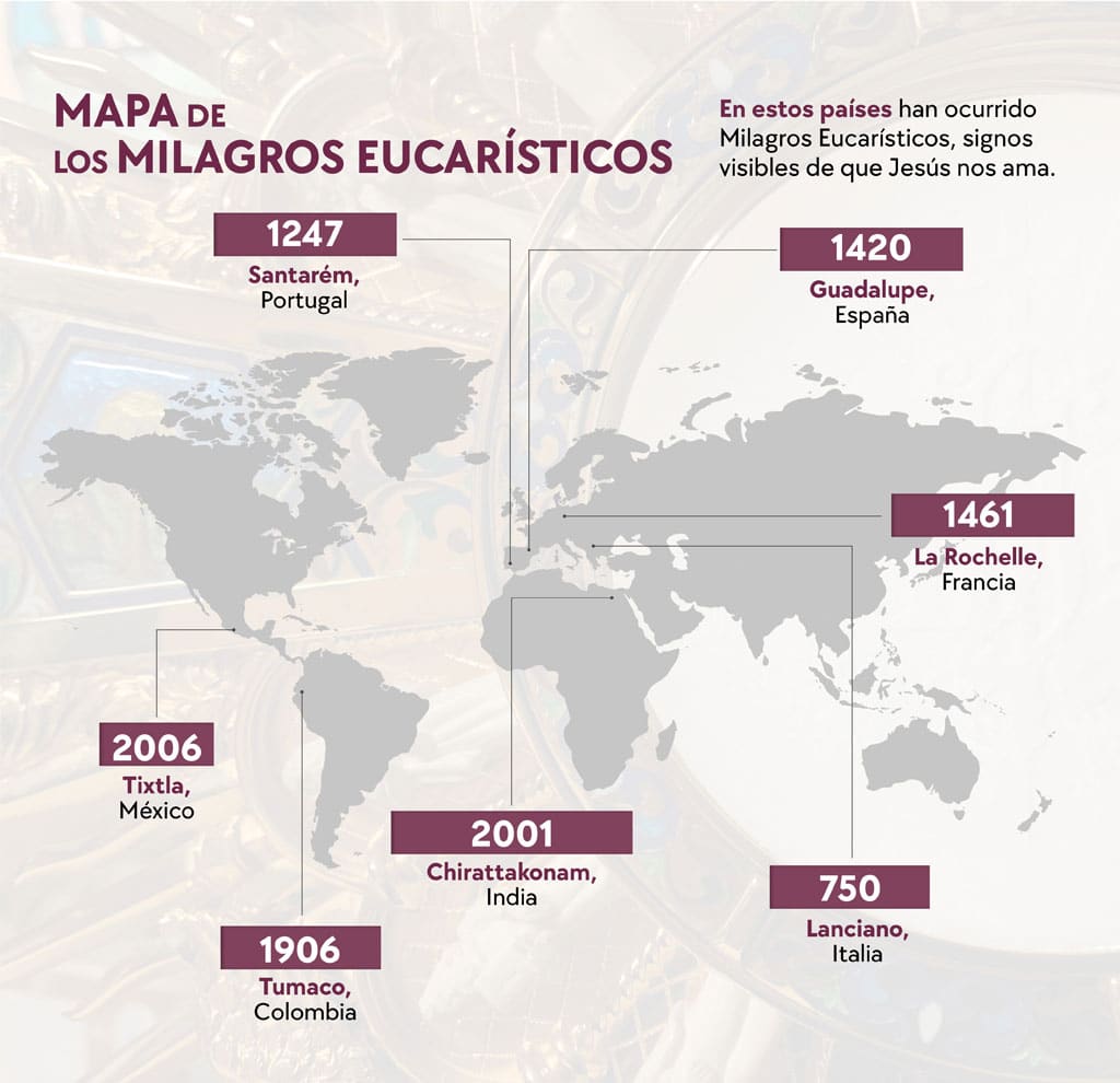 Mapa de los Milagros Eucarísticos aceptados por la Iglesia en el mundo