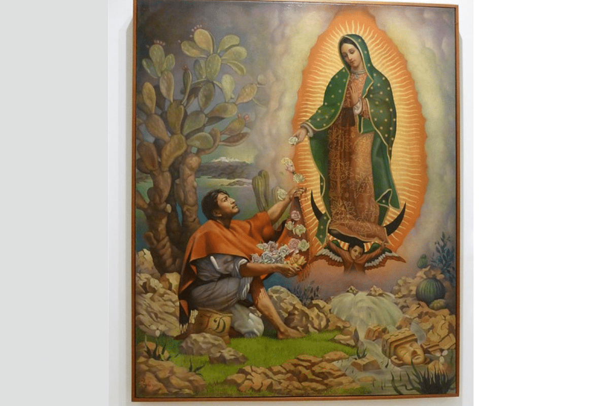 La pintura "El Milagro del Tepeyac" de Jorge González Camarena ilustra el Acontecimiento Guadalupano.