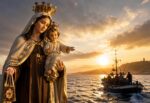 magen de la Virgen del Carmen con el Niño Jesús frente al mar mientras una embarcación de pescadores navega al atardecer, simbolizando su protección sobre marineros y navegantes.