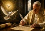 Representación artística del Papa Benedicto XIV escribiendo un decreto mientras una paloma simboliza al Espíritu Santo en una iglesia iluminada con velas.