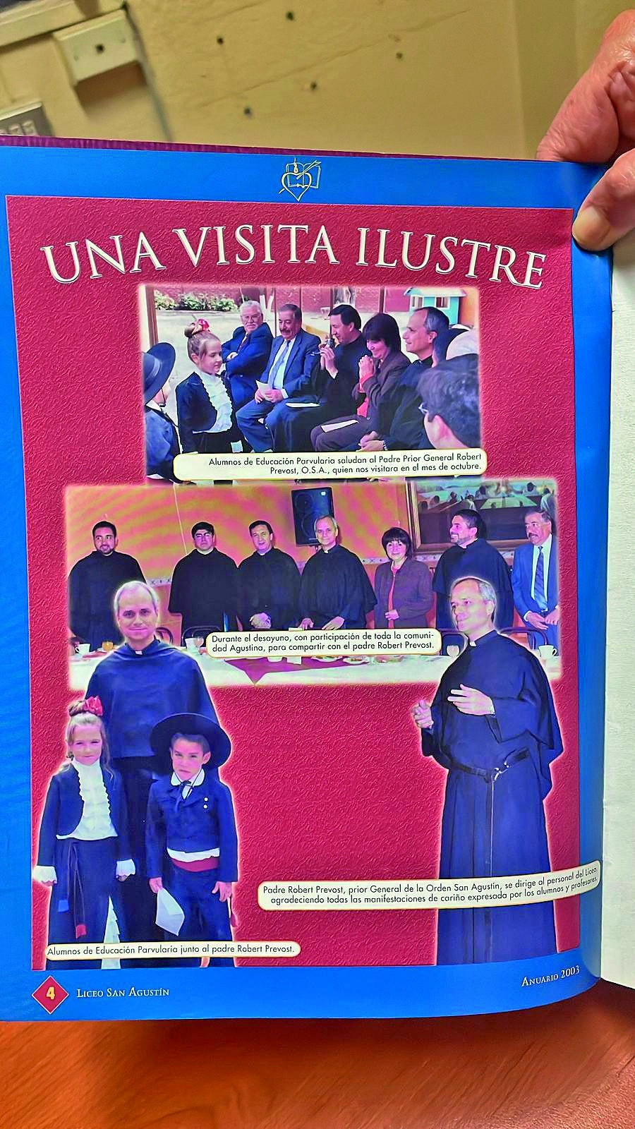 Un anuario del Liceo San Agustín documenta la visita en 2003 del entonces padre Robert Prevost.