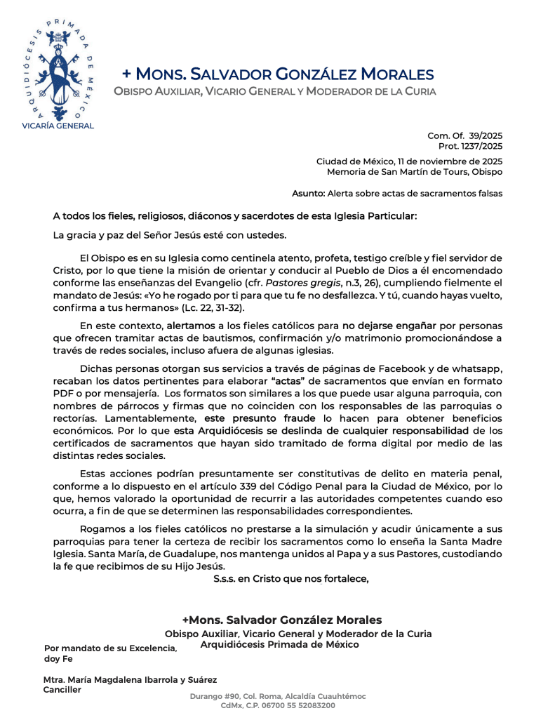 Comunicado actas falsas sacramentos