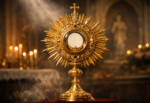 Custodia dorada con la hostia consagrada expuesta para la adoración eucarística en una iglesia católica.