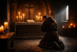 Monje católico en oración dentro de un monasterio como ejemplo de vida ascética cristiana.
