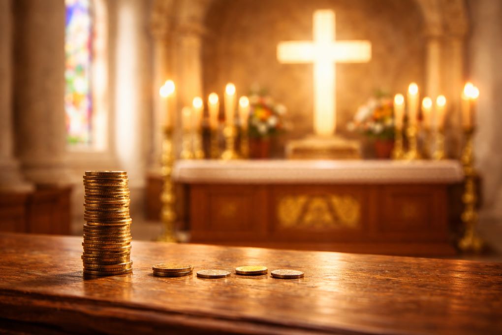 Monedas acumuladas sobre una mesa dentro de una iglesia, con una cruz al fondo, simbolizando la reflexión sobre el apego al dinero.