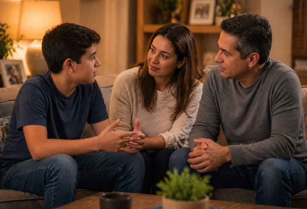 Padres escuchan a su hijo adolescente en casa fomentando la comunicación emocional y la prevención del abuso infantil
