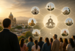 Sacerdotes y fieles reunidos frente a una iglesia, simbolizando el decanato como estructura que une parroquias y coordina la misión pastoral en la Iglesia Católica.