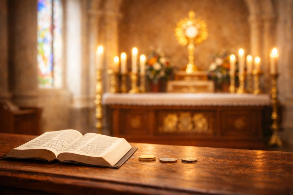 Biblia abierta junto a monedas sobre una banca en una iglesia, representando la relación entre fe y economía.