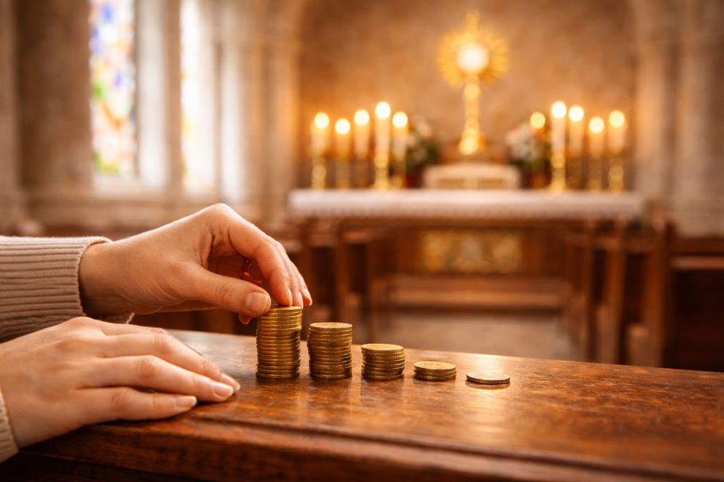 Manos organizando monedas en una iglesia, simbolizando el uso responsable y ético del dinero.