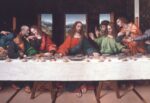 Copia de La Última Cena de Leonardo da Vinci de 1507 con detalles visibles de los apóstoles, el salero derramado de Judas y los elementos eucarísticos.