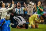 Futbolistas emocionados levantan las manos al cielo y se arrodillan en la cancha en un momento de oración y agradecimiento a Dios