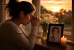 Mujer rezando junto a la fotografía de su madre fallecida con una vela encendida durante el Día de las Madres.