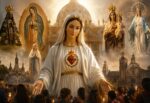 Representación de varias advocaciones de la Virgen María rodeadas de fieles católicos en una escena religiosa inspirada en la devoción mariana de la Iglesia.