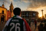 Aficionado con la bandera de México camina entre una iglesia católica y el Estadio Azteca al atardecer, representando la unión entre la fe y el Mundial 2026.