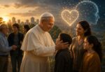 El papa León XIV junto a una familia, con elementos que representan la inteligencia artificial y el mensaje de la encíclica Magnifica Humanitas sobre el amor y la dignidad humana.